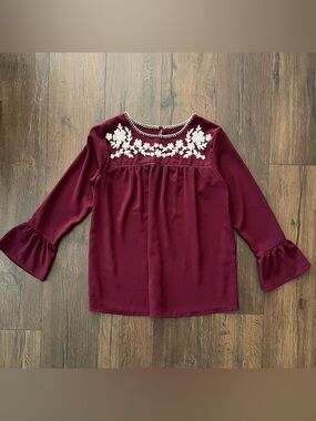 Embroidered Yoke Blouse - Burgundy